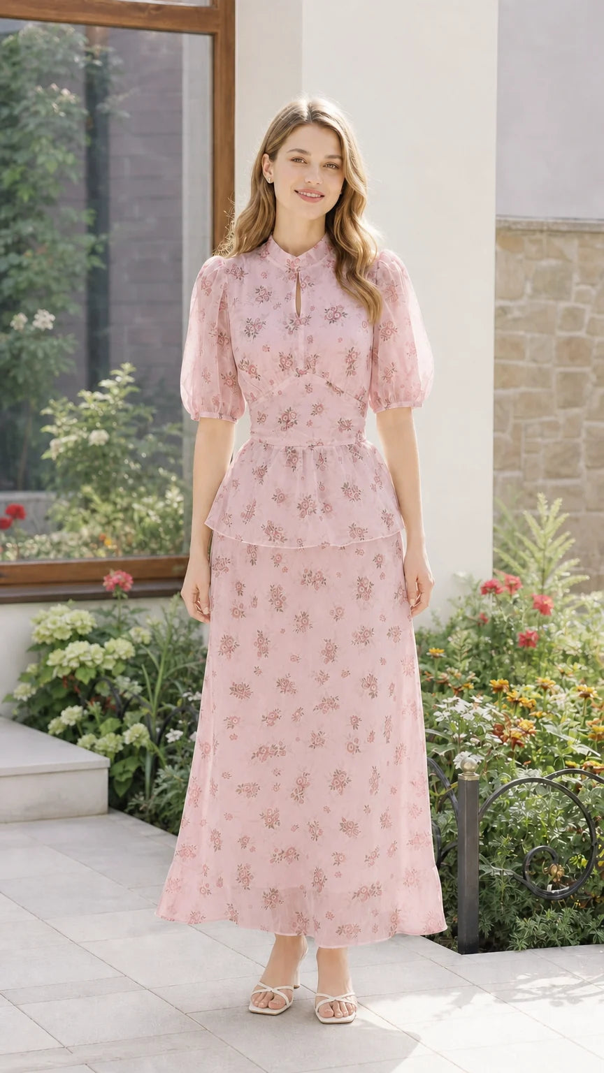 Women's Floral Print Puff Sleeve Peplum Tiered Maxi Dress