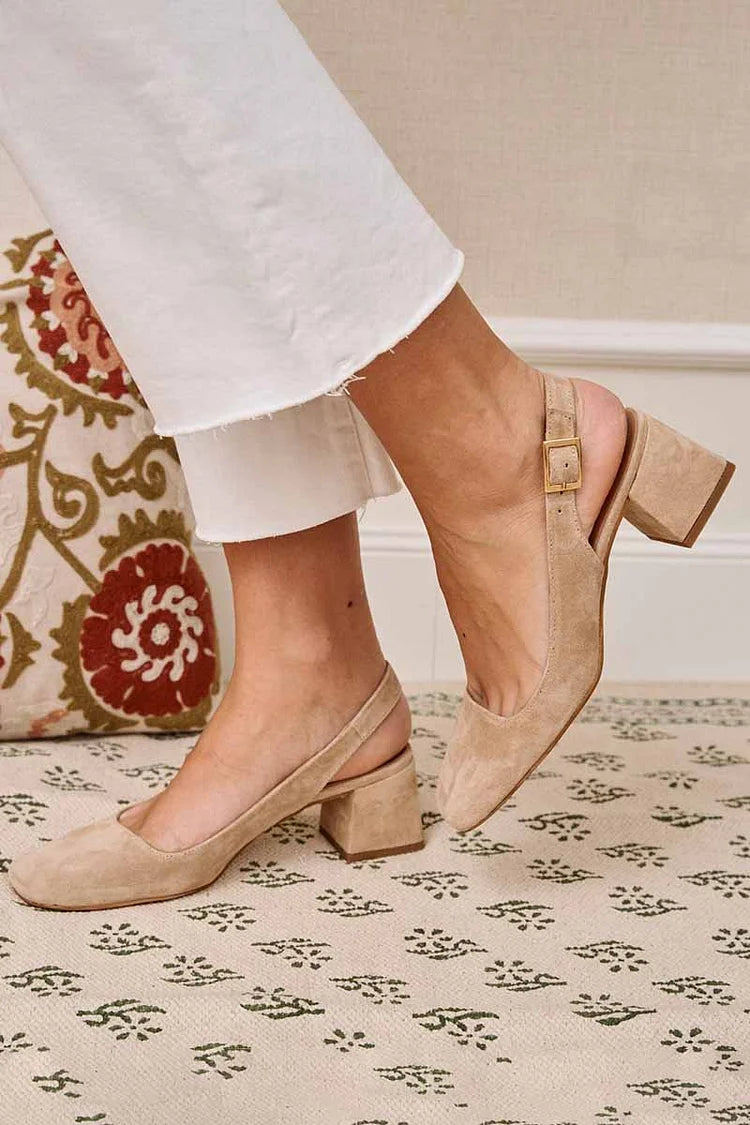 Essential Chunky Slingback Heels in Khaki with Square Toe and Buckle