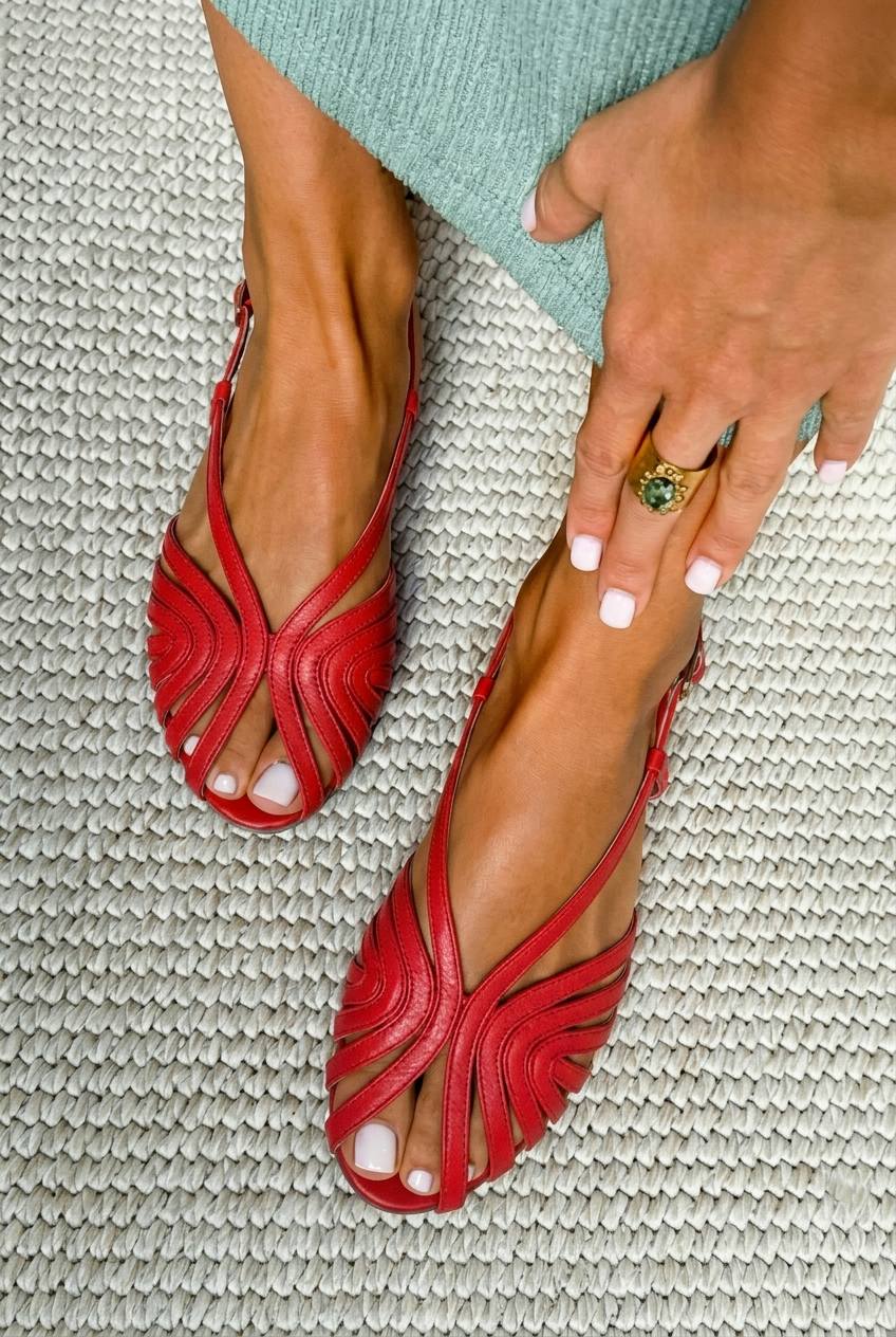 Low Red Cage Peep Toe Summer Sandals in Faux Leather with Straps