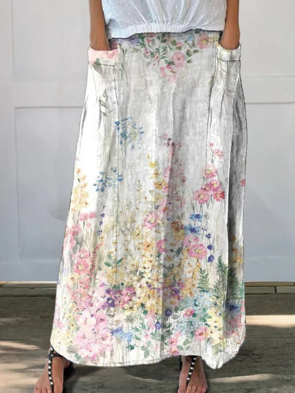 Roxane™ | Vintage Botanical Floral Elastic waistband Pocket Skirt