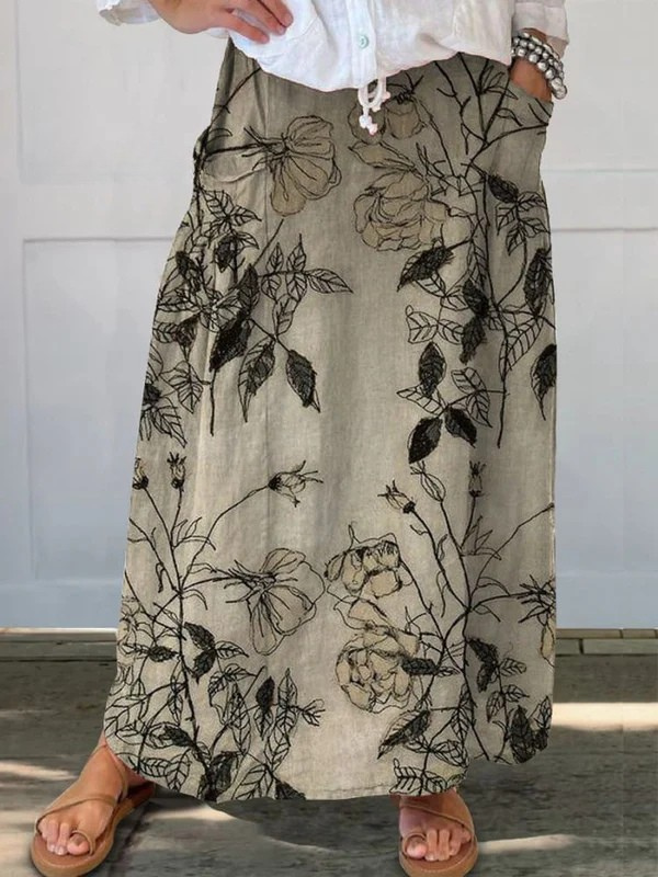 Kisses™ | Retro Floral Art Elastic waistband Pocket Skirt