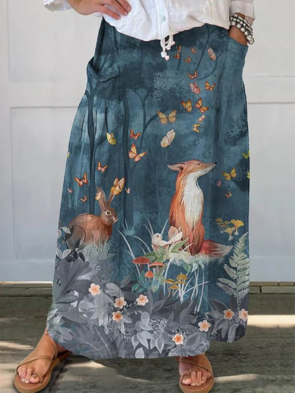 Roxy™ | Vintage Floral Animals Art Print Casual Pocket Skirt