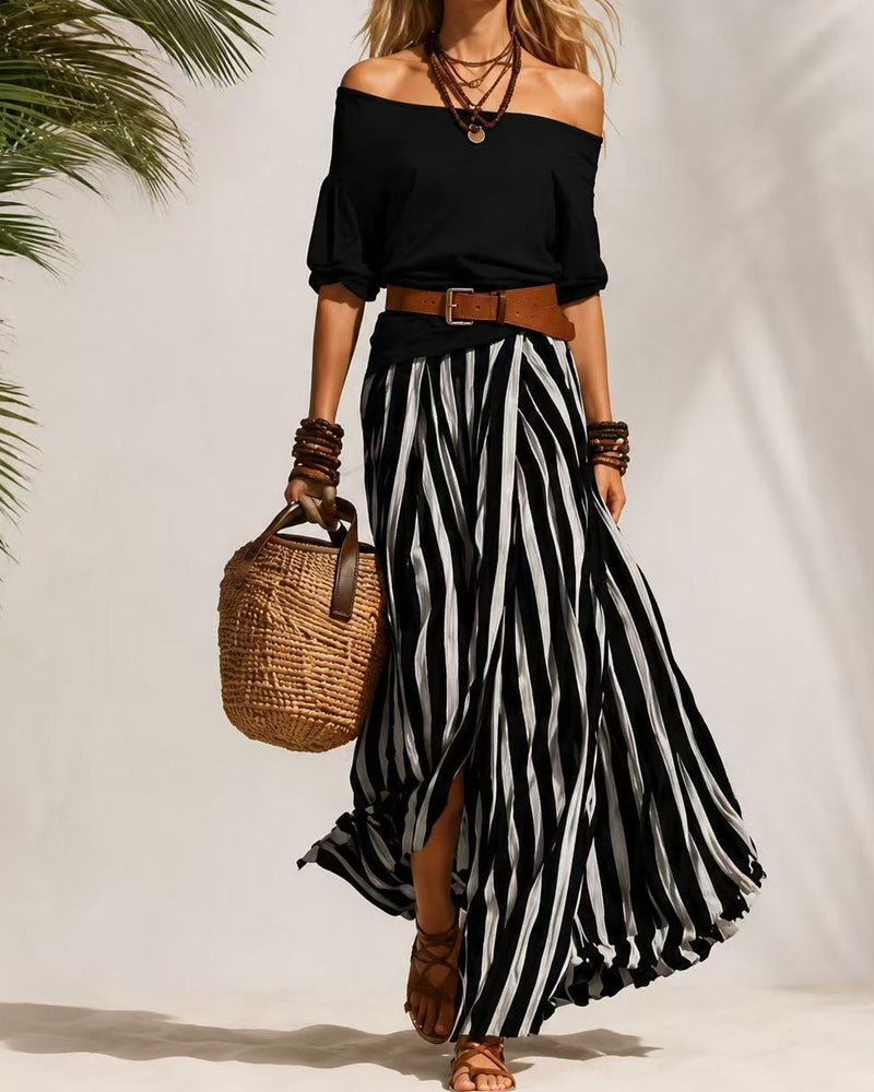 MADISON | Striped Maxi Skirt Set with Off-Shoulder Top