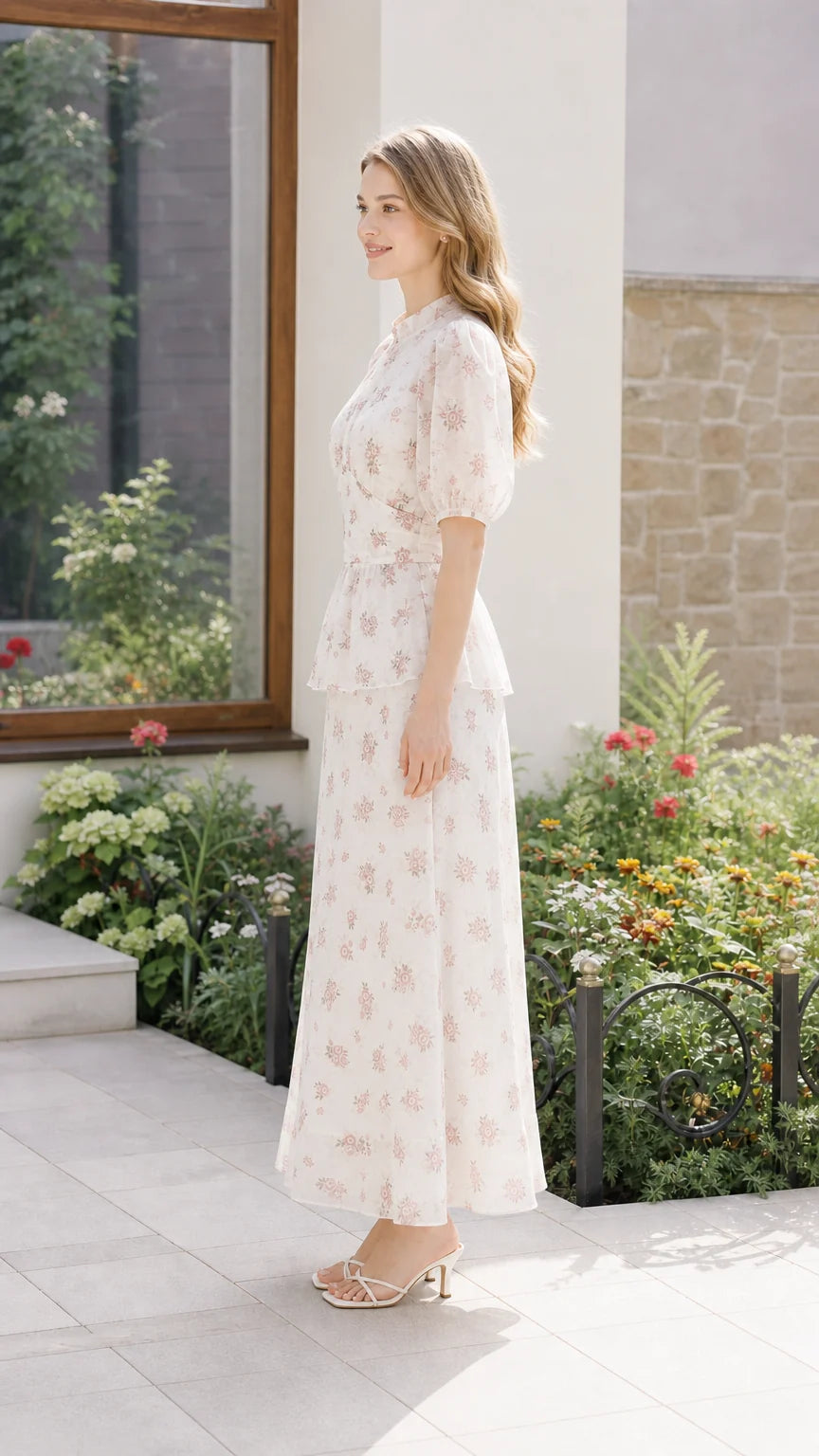 Women's Floral Print Puff Sleeve Peplum Tiered Maxi Dress