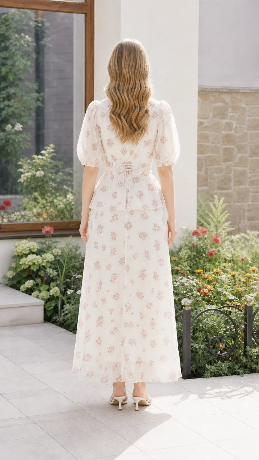 Women's Floral Print Puff Sleeve Peplum Tiered Maxi Dress
