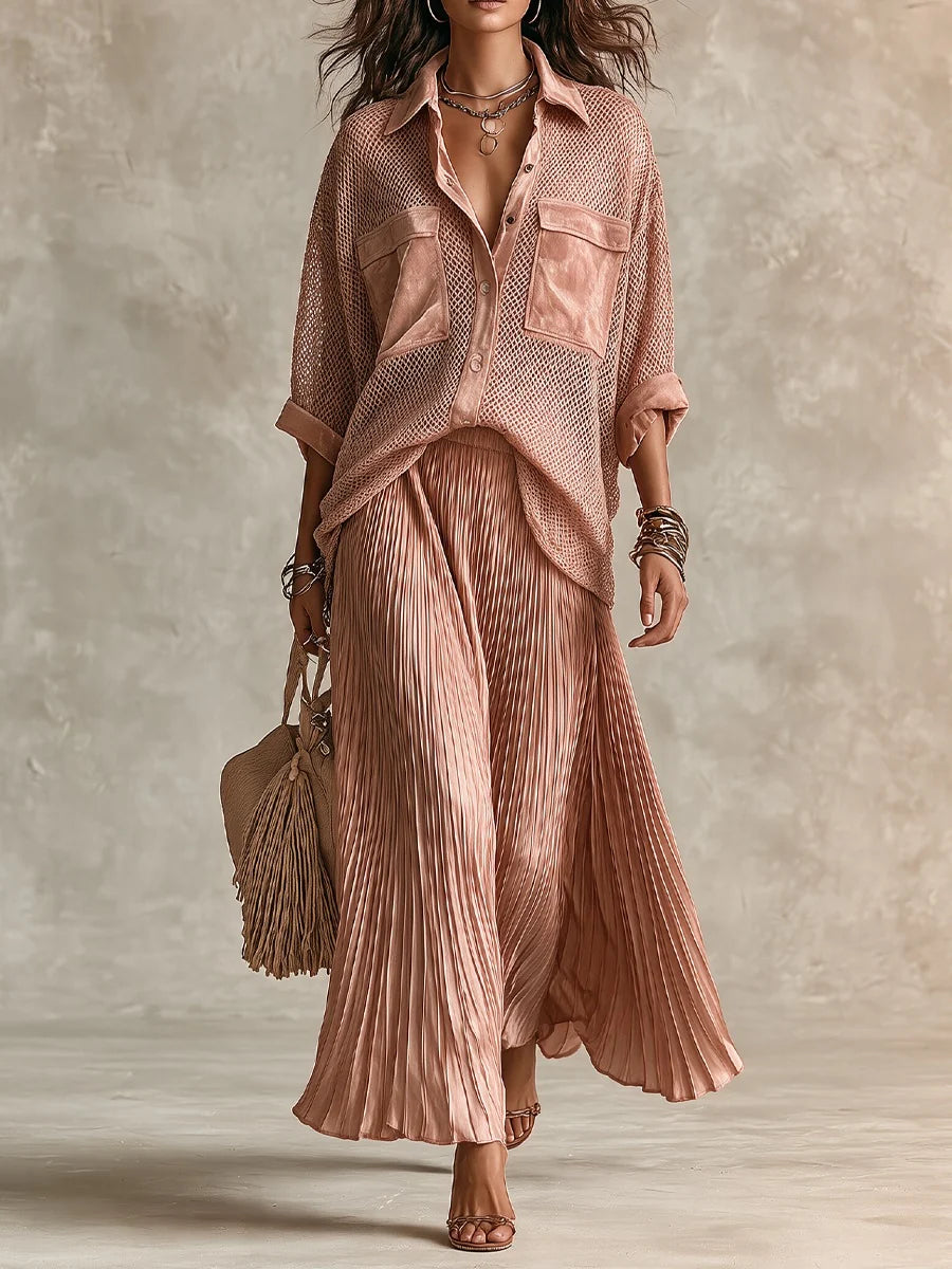 Camille | Pink Mesh Shirt & Pleated Skirt Set