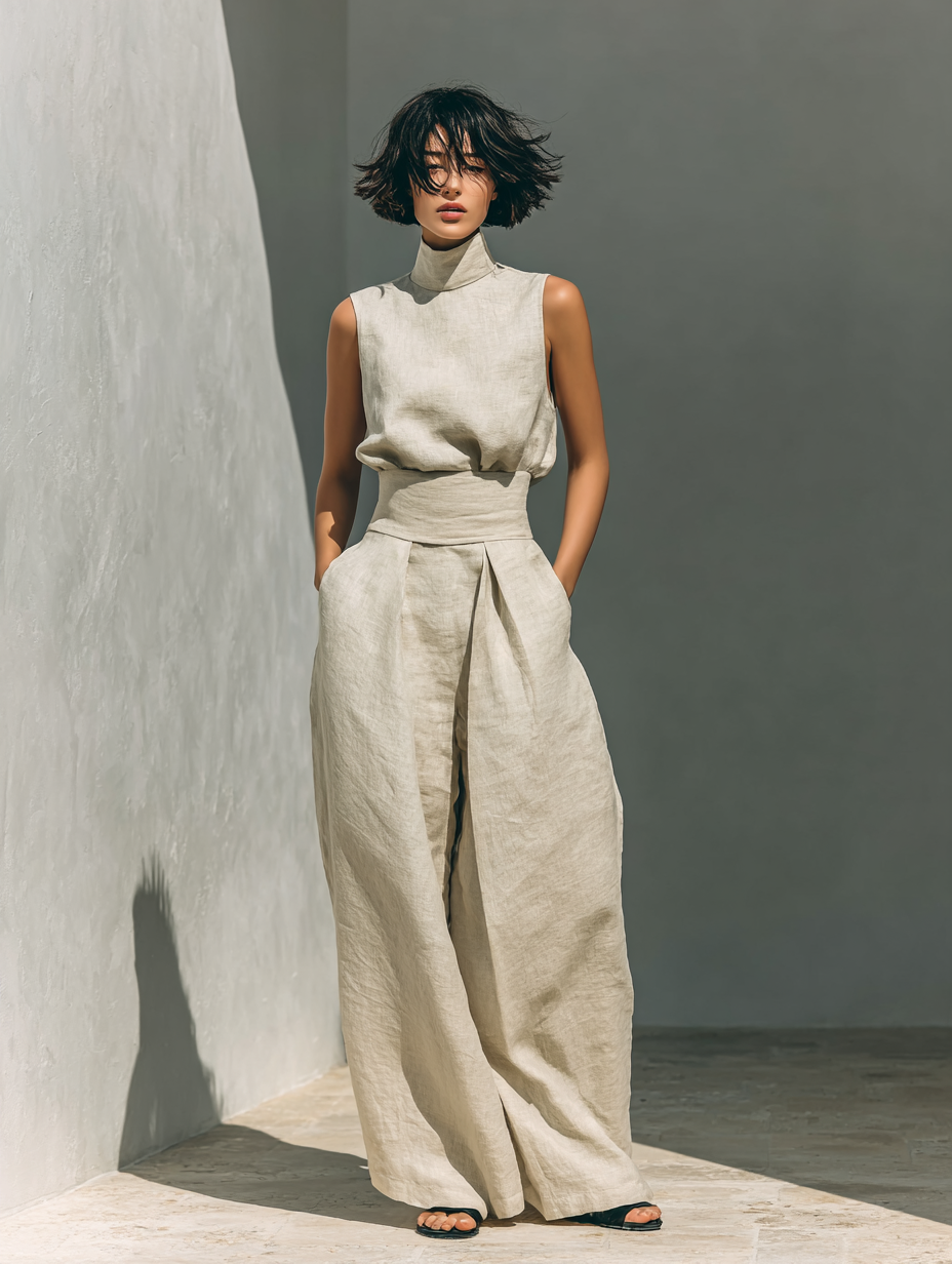 Women's minimalist set with sleeveless blouse and wide-leg pants
