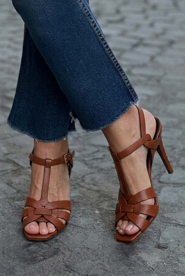 Open Toe Stiletto Woven Sandals with T-Strap and Straps [Pre-Order]