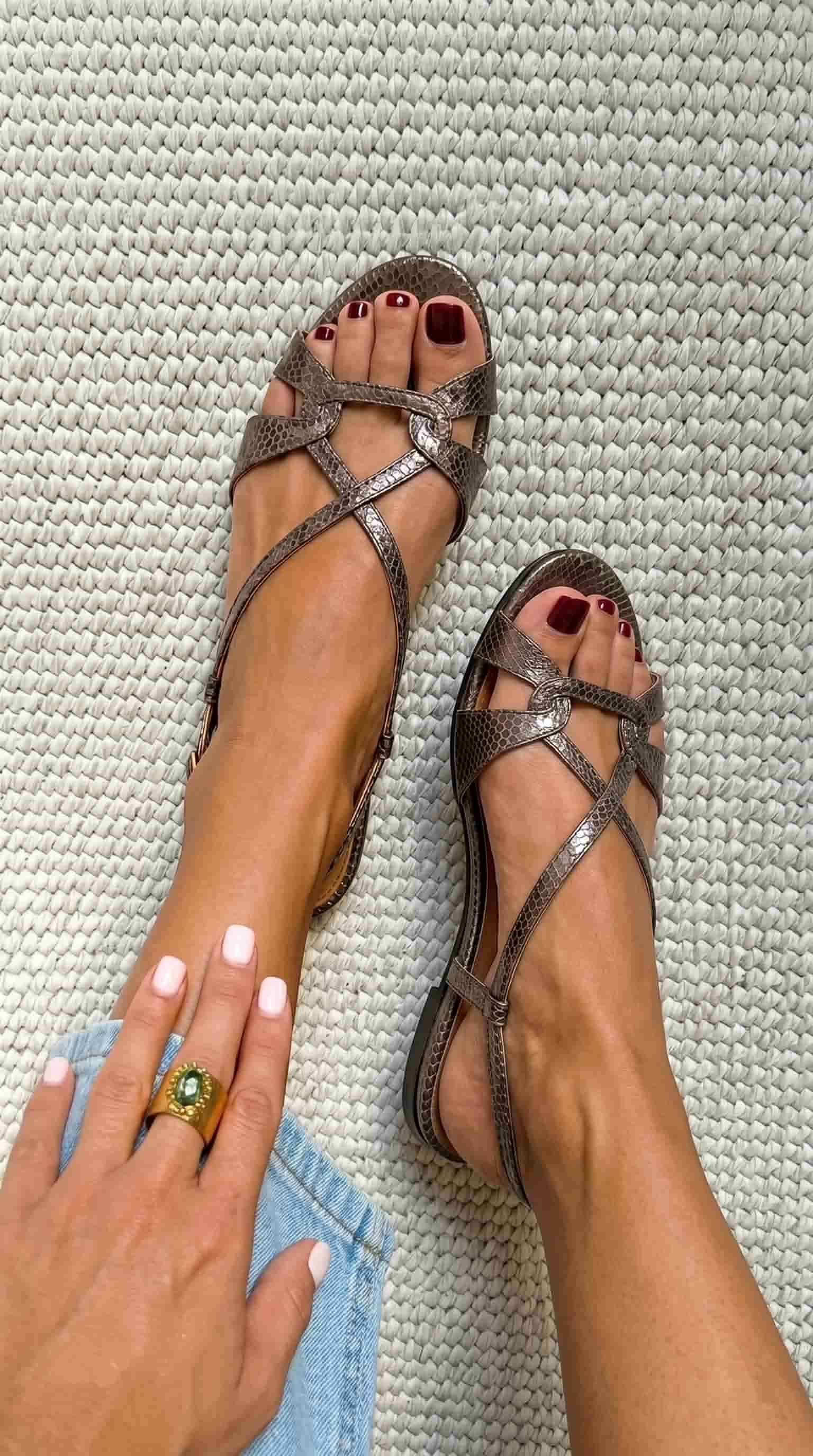 Bronze Snake Effect Low Slingback Sandals with Open Toe