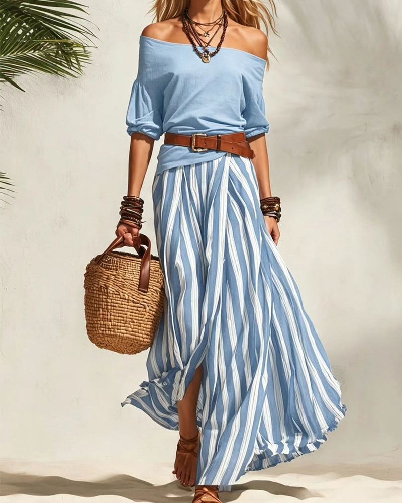 MADISON | Striped Maxi Skirt Set with Off-Shoulder Top