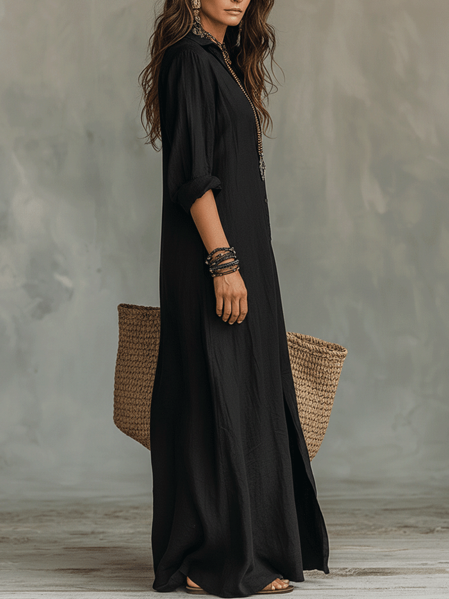 Black Button-Front Bohemian Shirt Maxi Dress