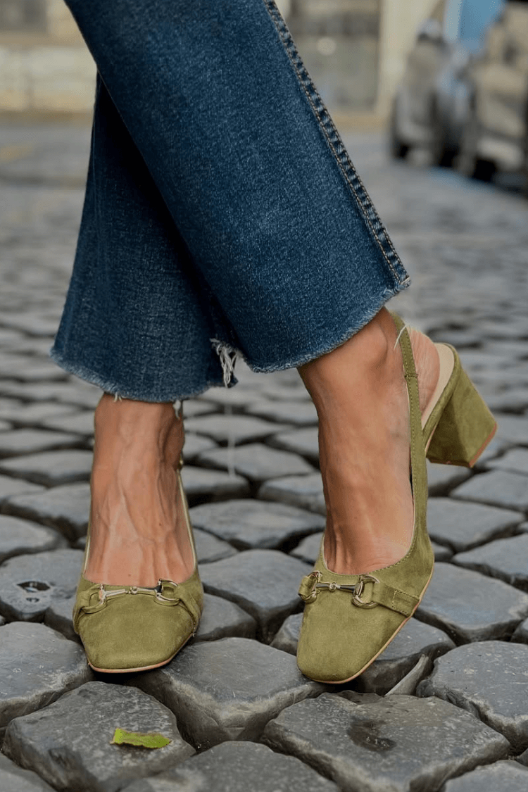 Olive Faux Suede Slingback Block Heels