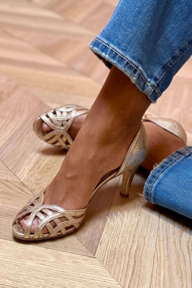 Mid Heeled Peep Toe Metallic Gold