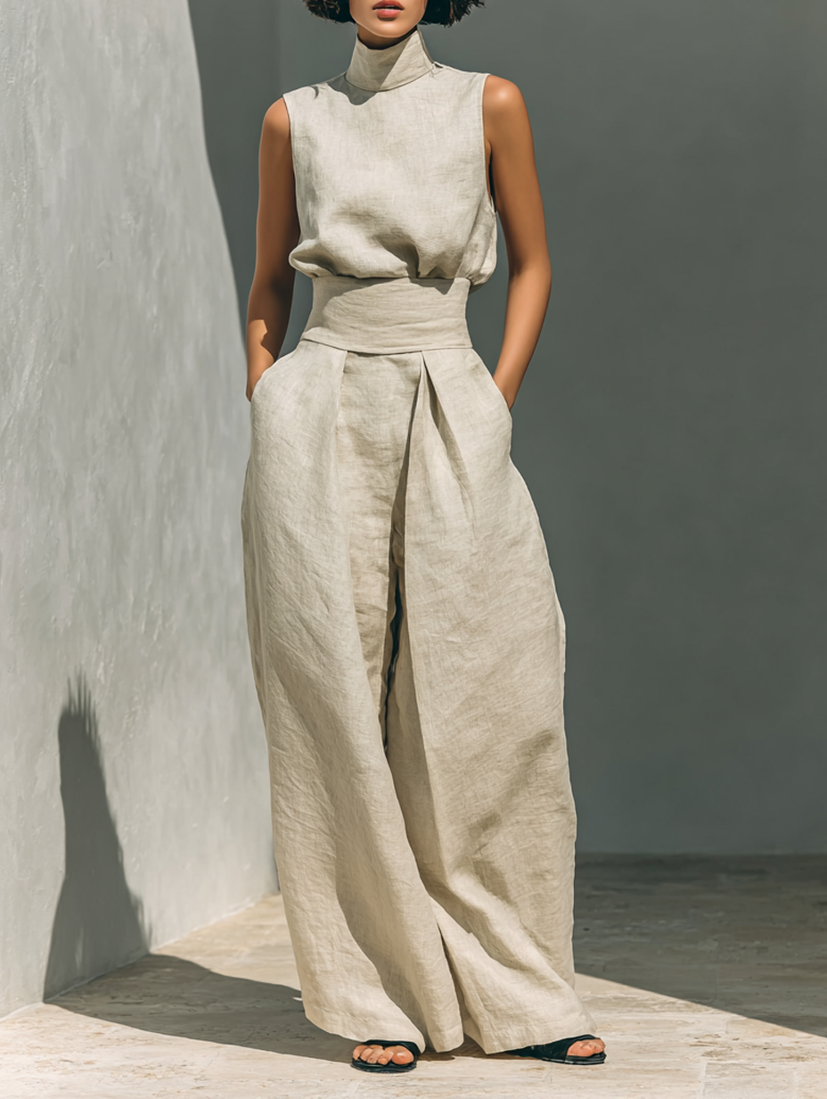 Women's minimalist set with sleeveless blouse and wide-leg pants