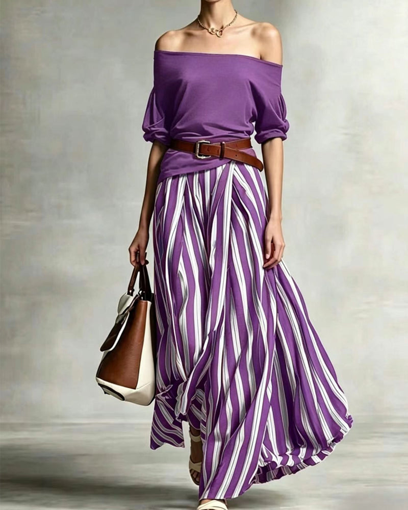 MADISON | Striped Maxi Skirt Set with Off-Shoulder Top