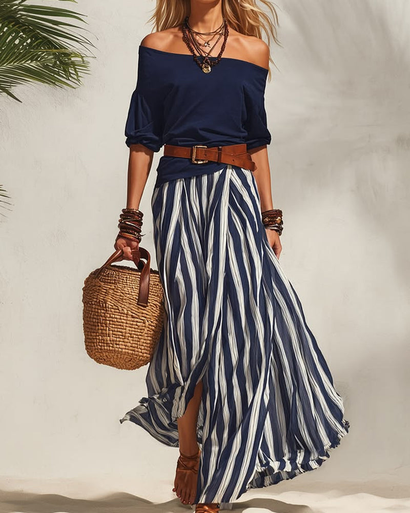 MADISON | Striped Maxi Skirt Set with Off-Shoulder Top