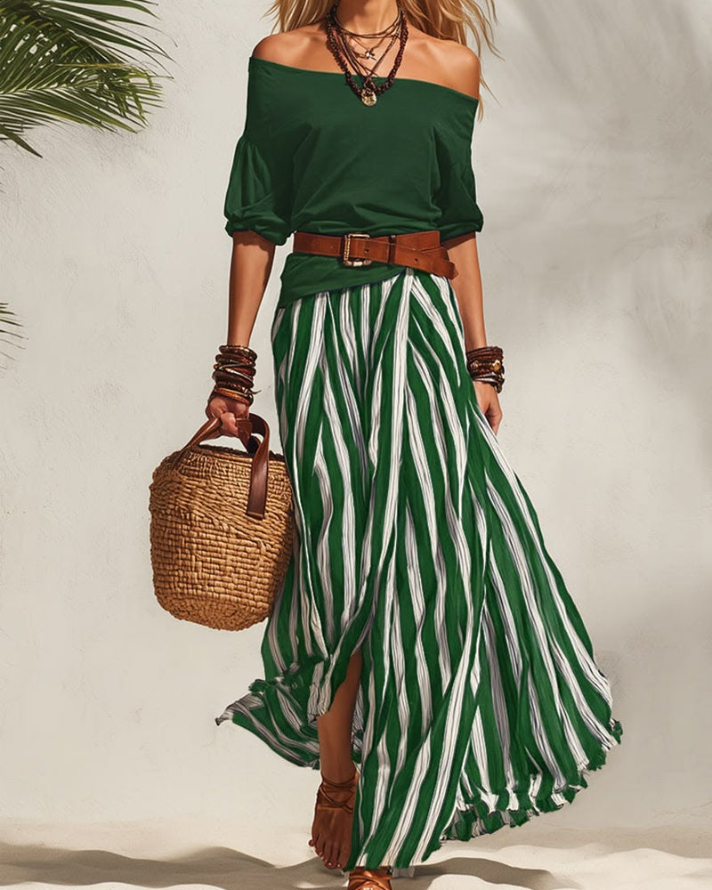 MADISON | Striped Maxi Skirt Set with Off-Shoulder Top