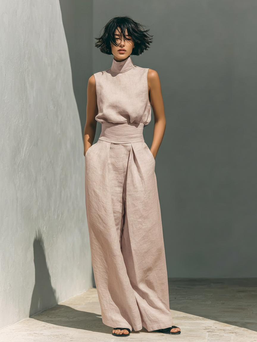 Women's minimalist set with sleeveless blouse and wide-leg pants