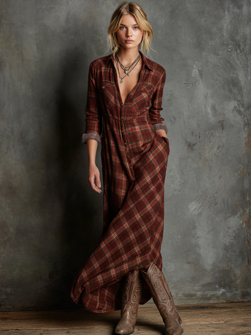 Ailene | Plaid Button-Front Long-Sleeve Maxi Shirt Dress for Women