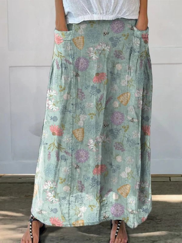 Daisy™ | Blooming Spring Floral And Bumble Bee Pattern Printed Pocket Skirt