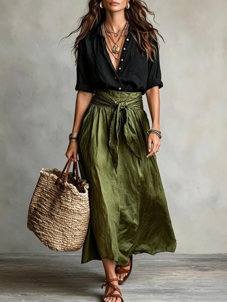VERA™ - ELEGANT TWO-PIECE SUMMER SET: BLACK BLOUSE & OLIVE SKIRT