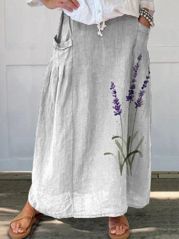 Marian™ | Watercolor Lavender Floral Printed Elastic waistband Pocket Skirt