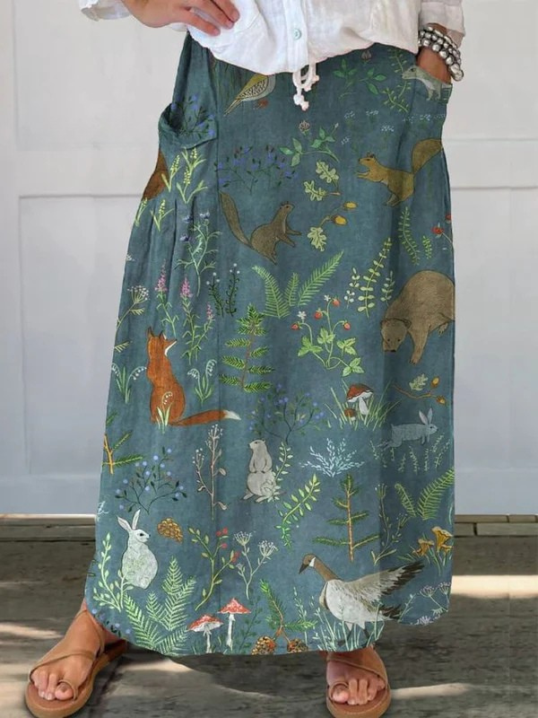 Rosil™ | Retro Floral Animals Art Casual Pocket Skirt