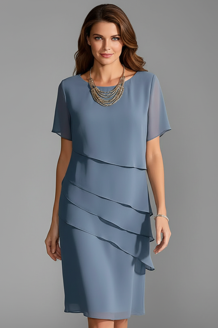 Women’s Short Sleeve Dress with Layered Front and Straight Hem