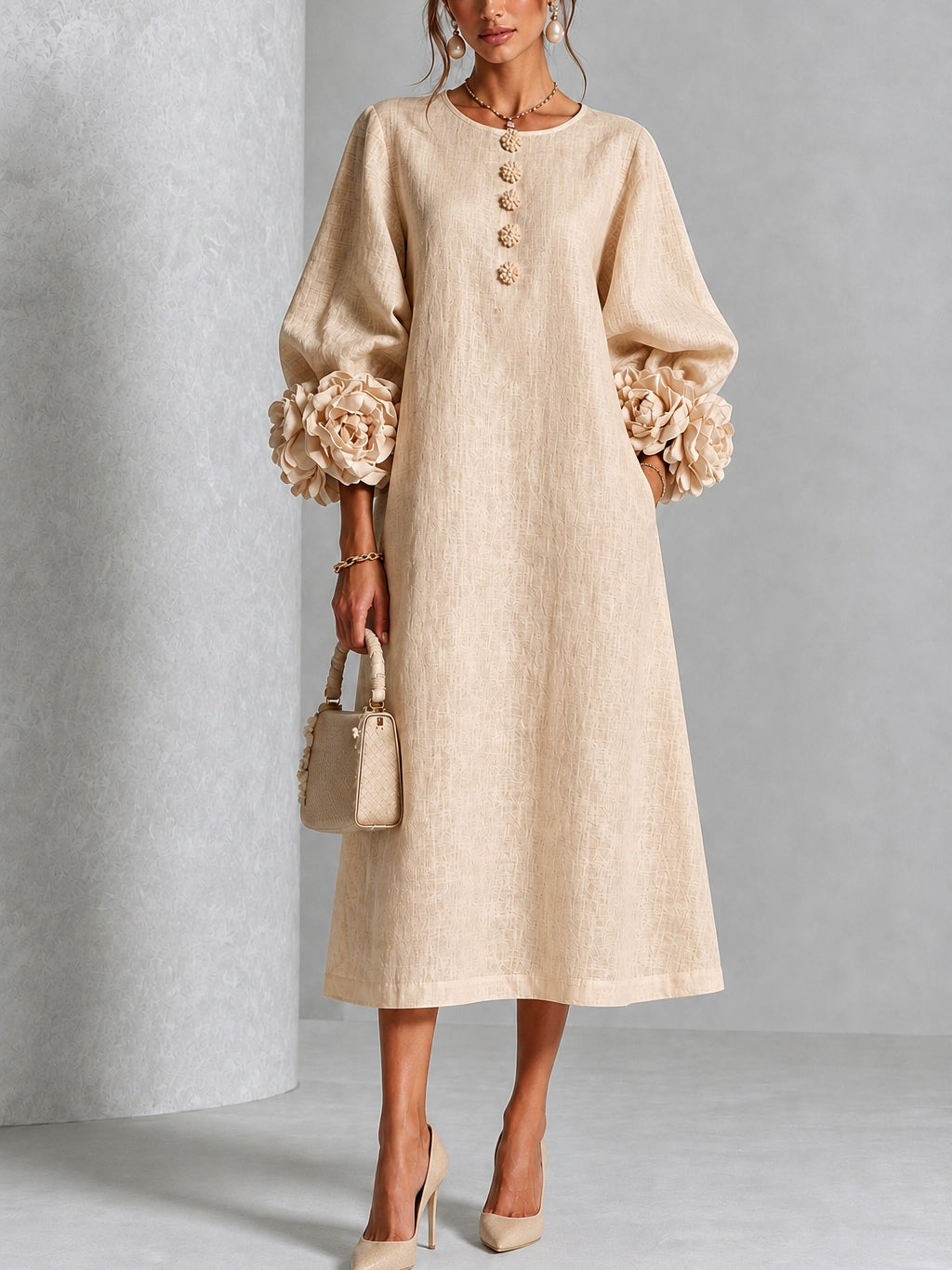 Gaby | Floral Button Midi Dress with Statement Sleeves