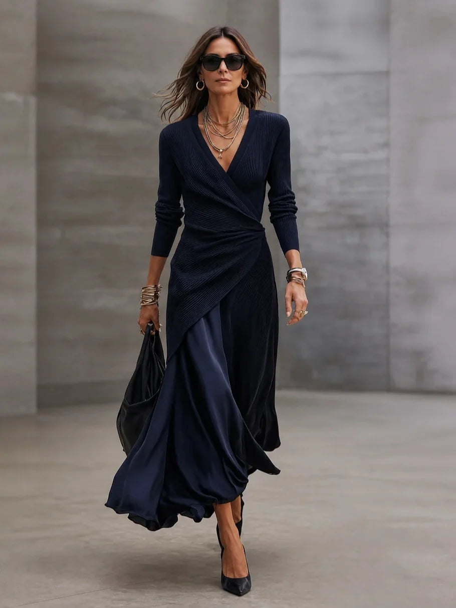 Adriana Navy Ribbed Wrap Maxi Dress