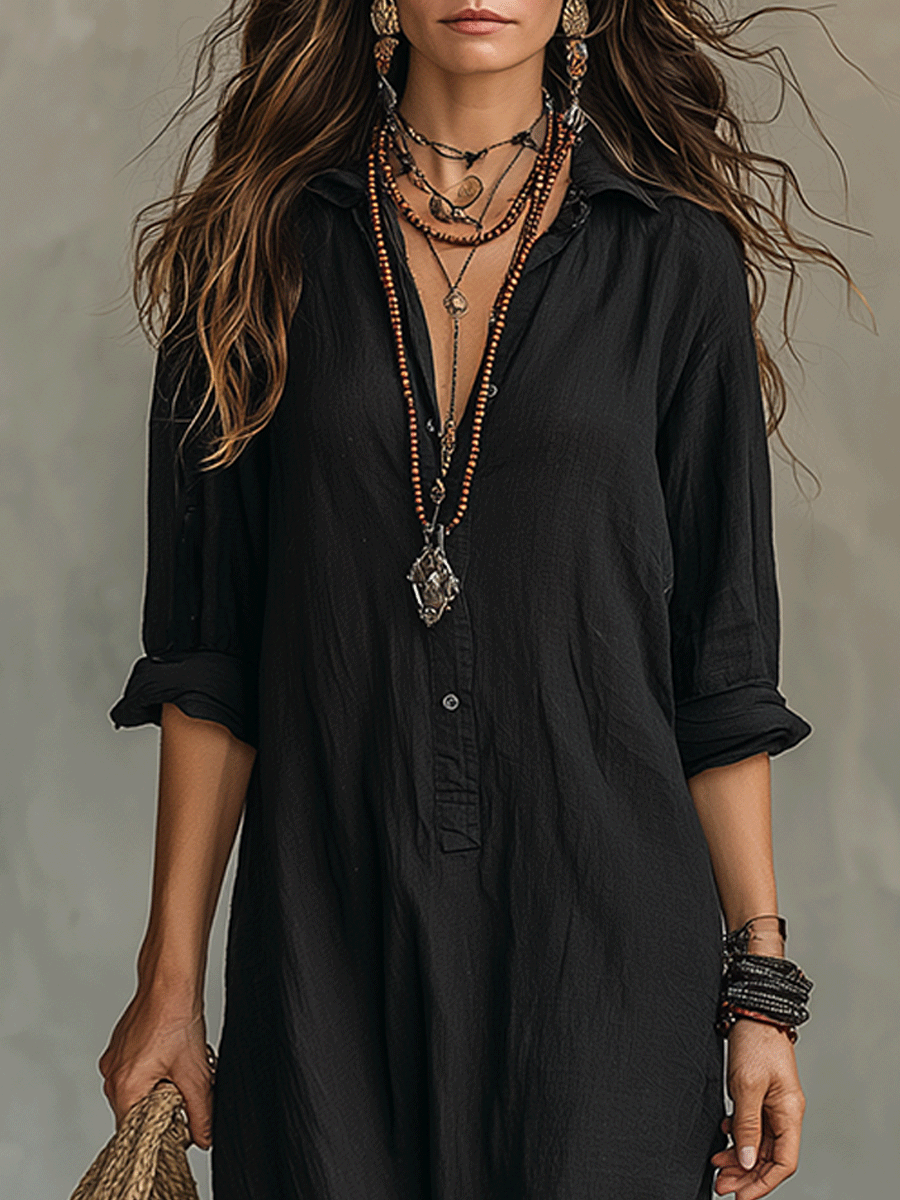 Black Button-Front Bohemian Shirt Maxi Dress