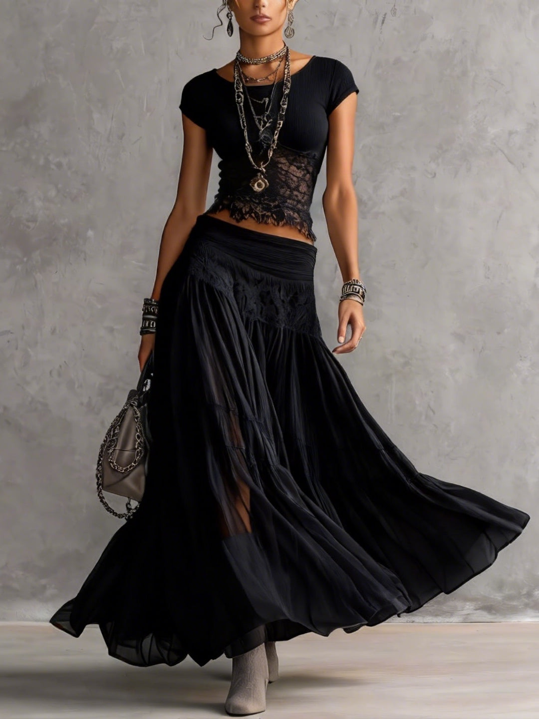Black Sheer Lace-Paneled Top and Pleated Maxi Skirt Set